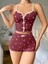 Pamuklu Kahverengi Üstüne Beyaz Kalp Desen Fitilli Askılı Şortlu Pijama Takımı 2