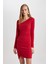 Bodycon Vücudu Saran Basic Düz Kayık Yaka Drapeli Uzun Kollu Mini Kırmızı Abiye Elbise C4365AX24SP 17
