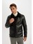 Su Geçirmez Slim Fit Dar Kesim Astarlı Fermuarlı Cepli Kürk Yakalı Suni Deri Ceket Mont A4392AX24WN 9