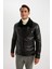 Su Geçirmez Slim Fit Dar Kesim Astarlı Fermuarlı Cepli Kürk Yakalı Suni Deri Ceket Mont A4392AX24WN 10