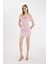 Bodycon Vücudu Saran Omuzu Açık Drapeli Pembe Tül Mini Abiye Elbise C8966AX24SM 7