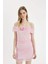 Bodycon Vücudu Saran Omuzu Açık Drapeli Pembe Tül Mini Abiye Elbise C8966AX24SM 9