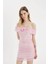 Bodycon Vücudu Saran Omuzu Açık Drapeli Pembe Tül Mini Abiye Elbise C8966AX24SM 10