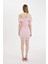 Bodycon Vücudu Saran Omuzu Açık Drapeli Pembe Tül Mini Abiye Elbise C8966AX24SM 12