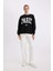 Loose Fit Bisiklet Yaka Baskılı Kalın Siyah Sweatshirt C7810AX24WN 7