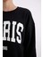 Loose Fit Bisiklet Yaka Baskılı Kalın Siyah Sweatshirt C7810AX24WN 9