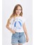 Kız Çocuk Crop Bisiklet Yaka Deniz Baskılı Kısa Kollu Tişört C9715A824HS 10