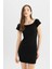 Coool Bodycon Vücuda Oturan Kayık Yaka Basic Düz Fitilli Kaşkorse Kısa Kollu Mini Elbise A7362AX24SM 7