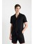 Modern Fit Yazlık Polo Yaka Basic Düz Aerobin Kısa Kollu Siyah Gömlek V8406AZ24SM 8