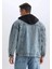 %100 Pamuk Oversize Geniş Kalıp Kapüşonlu Düğmeli Mevsimlik Baharlık Denim Ceket D0417AX24AU 12