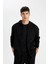 Siyah Comfort Regular Fit Rahat Kalıp Kapüşonlu Kalın İçi Yumuşak Tüylü Fermuarlı Sweatshirt D2323AX24AU 10