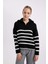 Oversize Geniş Kalıp Çizgili Yarım Fermuarlı Dik Yaka Triko Kazak A7173AX24WN 8