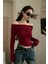 Bordo Madonna Yaka Omzu Açık Y2K Uzun Kollu Crop 2