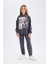 Kız Çocuk 2'li Takım Kapüşonlu Baskılı Sweatshirt Beli Lastikli Jogger Eşofman Altı D4057A824WN 7