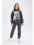 Kız Çocuk 2'li Takım Kapüşonlu Baskılı Sweatshirt Beli Lastikli Jogger Eşofman Altı D4057A824WN 8