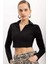 Siyah Fitted Vücuda Oturan Gömlek Yaka Fermuarlı Bengalin Uzun Kollu Crop Basic Düz Bluz C5037AX24AU 11