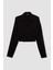 Siyah Fitted Vücuda Oturan Gömlek Yaka Fermuarlı Bengalin Uzun Kollu Crop Basic Düz Bluz C5037AX24AU 20