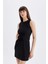 Bodycon Vücuda Oturan Bisiklet Yaka Drapeli Basic Düz Kolsuz Mini Siyah Elbise D3065AX24AU 10