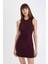 Bodycon Vücuda Oturan Bisiklet Yaka Drapeli Basic Düz Kolsuz Mini Bordo Elbise D3065AX24AU 9