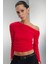 Kırmızı Slim Fit Dar Kesim Tek Omuzlu Ribana Basic Düz Uzun Kollu Tişört D4970AX24AU 6