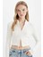 Fitted Dik Yaka Basic Düz Fermuarlı Fitilli Kaşkorse Crop Beyaz Hırka 7