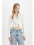 Fitted Dik Yaka Basic Düz Fermuarlı Fitilli Kaşkorse Crop Beyaz Hırka 10