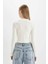Fitted Dik Yaka Basic Düz Fermuarlı Fitilli Kaşkorse Crop Beyaz Hırka 12