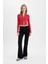 Fitted Dik Yaka Basic Düz Fermuarlı Fitilli Kaşkorse Crop Kırmızı Hırka D5124AX24AU 7