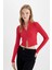Fitted Dik Yaka Basic Düz Fermuarlı Fitilli Kaşkorse Crop Kırmızı Hırka D5124AX24AU 9