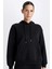 Relax Fit Kapüşonlu Kanguru Cepli Kalın Basic Düz Siyah Sweatshirt W1240AZ24WN 7
