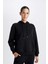 Relax Fit Kapüşonlu Kanguru Cepli Kalın Basic Düz Siyah Sweatshirt W1240AZ24WN 9