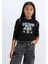 Kız Çocuk Cropped Fit Bisiklet Yaka Baskılı Fitilli Kaşkorse Uzun Kollu Tişört 10