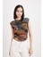 Fitted Vücuda Oturan Bisiklet Yaka Desenli Büzgü Detaylı Tül Kısa Kollu Tişört D5323AX24AU 17