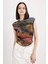 Fitted Vücuda Oturan Bisiklet Yaka Desenli Büzgü Detaylı Tül Kısa Kollu Tişört D5323AX24AU 18