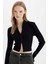 Fitted Dik Yaka Basic Düz Fermuarlı Fitilli Kaşkorse Crop Siyah Hırka D5124AX24AU 7