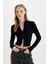 Fitted Dik Yaka Basic Düz Fermuarlı Fitilli Kaşkorse Crop Siyah Hırka D5124AX24AU 9