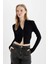 Fitted Dik Yaka Basic Düz Fermuarlı Fitilli Kaşkorse Crop Siyah Hırka D5124AX24AU 10