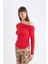 Kırmızı Slim Fit Dar Kesim Tek Omuzlu Ribana Basic Düz Uzun Kollu Tişört D4970AX24AU 12