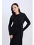 Bisiklet Yaka Basic Düz Beli Bağlamalı Bürümcük Uzun Kollu Maxi Siyah Elbise 9
