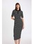Bodycon Vücuda Oturan Düğmeli Polo Yaka Çizgili Fitilli Kaşkorse Yarım Kol Midi Elbise D5864AX24AU 12