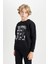 Erkek Çocuk Siyah Oversize Geniş Kalıp Bisiklet Yaka Baskılı Sweatshirt D5680A824WN 10