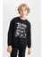 Erkek Çocuk Siyah Oversize Geniş Kalıp Bisiklet Yaka Baskılı Sweatshirt D5680A824WN 9