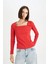 Regular Fit Kare Yaka Basic Düz Fitilli Kaşkorse Uzun Kollu Kırmızı Tişört D7506AX24AU 8