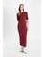 Bodycon Vücuda Oturan Bisiklet Yaka Basic Düz Fitilli Kaşkorse Kısa Kollu Maxi Bordo Elbise D8623AX24AU 6