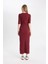 Bodycon Vücuda Oturan Bisiklet Yaka Basic Düz Fitilli Kaşkorse Kısa Kollu Maxi Bordo Elbise D8623AX24AU 10