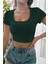 Kadın Yeşil Yarım Kol Düz Yaka Crop Top Bluz 3