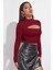 Kadın Bordo Göğüs Dekolteli Uzun Kollu Cut Out Crop Top Bluz 4