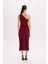 Bodycon Vücudu Saran Basic Düz Tek Omuzlu Bordo Midi Elbise E2469AX24WN 10
