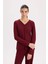 Pijama Takımı V Yaka Düğmeli Ribana Uzun Kollu Üst Beli Lastikli Geniş Paça Alt-Fall in Love D2273AX24WN 8