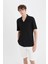Modern Fit Polo Yaka Dokulu Penye Kısa Kollu Siyah Gömlek C4125AX25SM 9